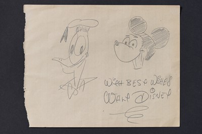 Lot 320 - Attributed to Walt Disney Studios: a signed and inscribed sketch of Donald Duck and Mickey Mouse