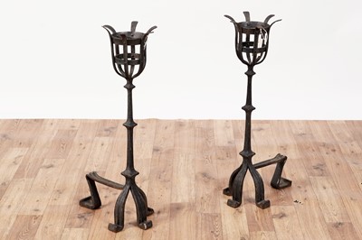 Lot 457 - A pair of wrought iron Medieval style metal fire dogs/andirons