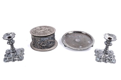 Lot 435 - A pair of 19th Century silver plated dwarf candlesticks; and other silver plated wares