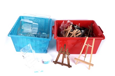 Lot 129 - A collection of modern wooden, metal and plastic plate stands and display stands