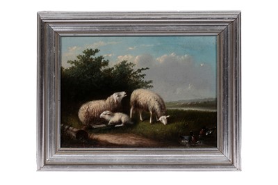 Lot 41 - Circle of Joseph Van Dieghem - Sheep and ducks by a stream | oil
