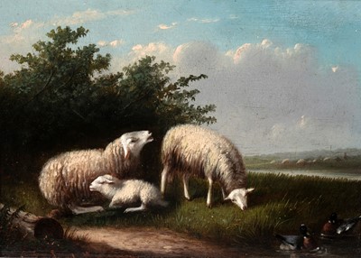 Lot 41 - Circle of Joseph Van Dieghem - Sheep and ducks by a stream | oil