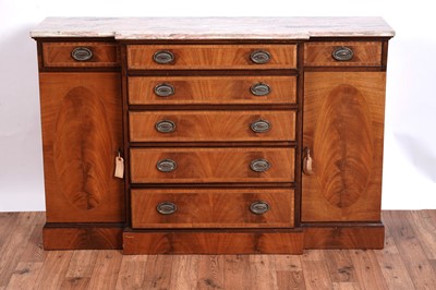 Lot 470 - A Regency style inlaid mahogany and marble topped breakfront sideboard