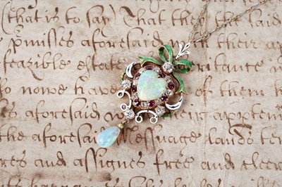 Lot 721 - Manner of Mrs Newman: a fine Edwardian opal, diamond and ruby pendant