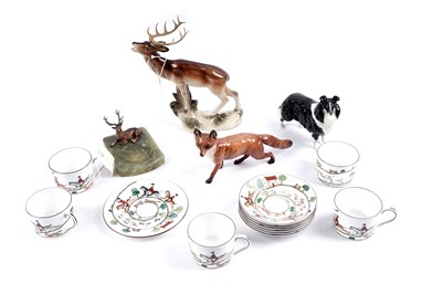 Lot 345 - A cold-painted bronze stag ashtray and a hunting ceramic wares