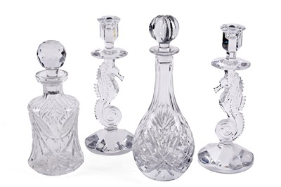 Lot 419 - A pair of Waterford Crystal 'Seahorse' pattern candlesticks; and two decanters