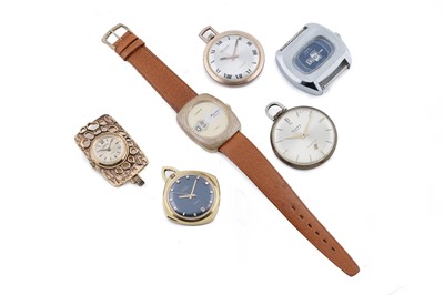 Lot 573 - Two jump hour watches; and four pendant watches