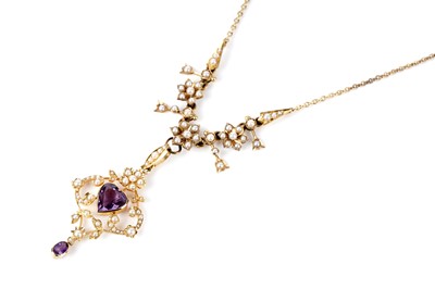 Lot 759 - Murrle Bennett & Co: an Edwardian amethyst and seed pearl pendant necklace
