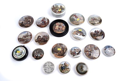 Lot 308 - A 'Strasburg' Prattware pot and pot lid; and a collection of Prattware pot lids