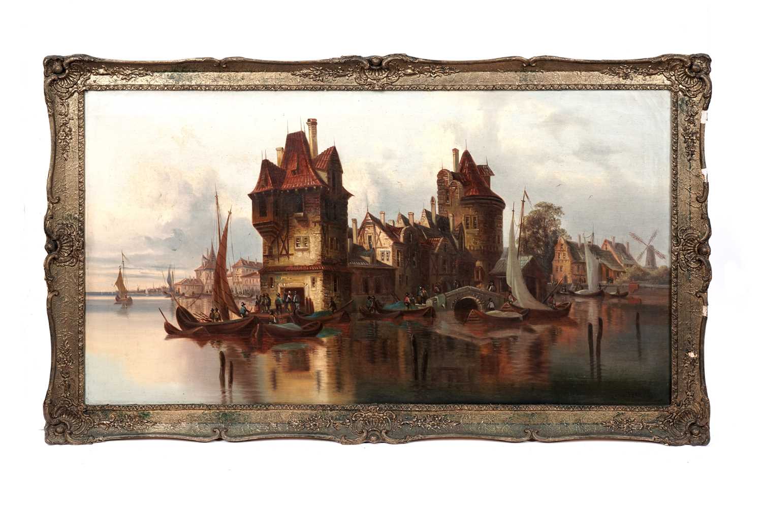 Lot 28 - Carl Gessnitzer - A Dutch town with boats | oil