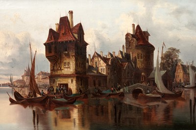 Lot 28 - Carl Gessnitzer - A Dutch town with boats | oil