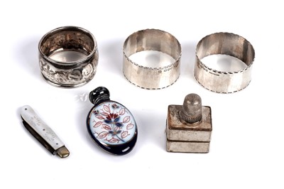 Lot 833 - Silver items including a Victorian silver fruit knife, scent bottle, and Charles Horner thimble