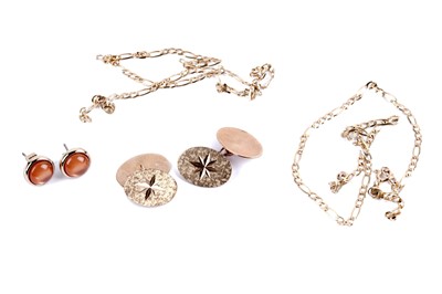 Lot 2 - A pair of 9ct gold cufflinks; a 9ct yellow gold chain necklace; and stud earrings