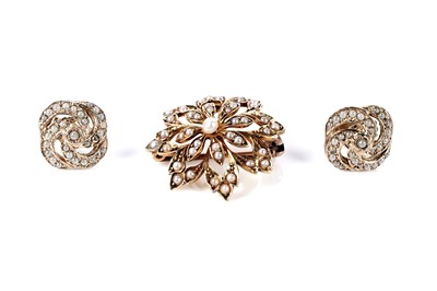 Lot 75 - An Edwardian floral seed pearl brooch pendant; and a pair of cluster earrings