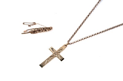 Lot 117 - A 9ct yellow gold crucifix pendant; and a bar brooch