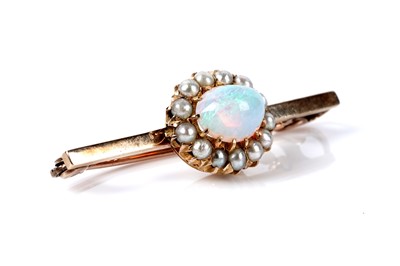Lot 118 - An opal and seed pearl cluster bar brooch