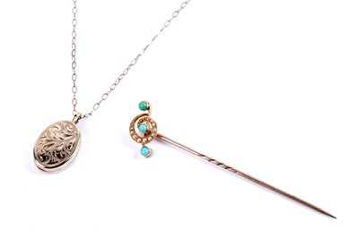 Lot 38 - An Edwardian turquoise and seed pearl stick pin; and a 9ct yellow gold locket