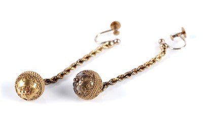 Lot 774 - A pair of Victorian 9ct yellow gold drop earrings