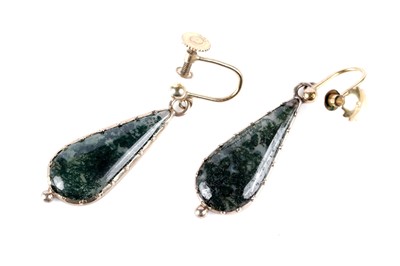 Lot 775 - A pair of Victorian moss agate drop earrings