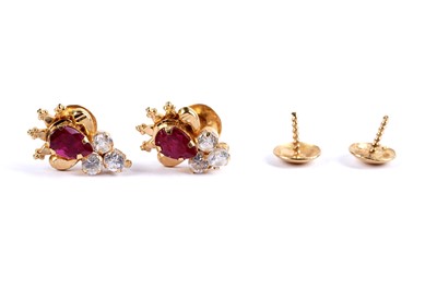 Lot 41 - A pair of Indian synthetic ruby and white stone set earrings; and spare gold backs