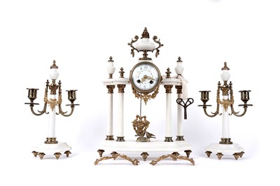 Lot 1225 - AD Mougin: a 19th Century brass and alabaster mantel clock