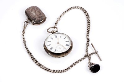 Lot 799 - A late Victorian silver cased open faced pocket watch on chain