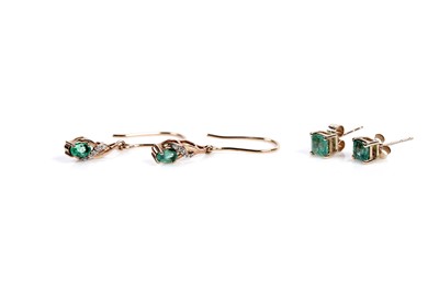 Lot 614 - A pair of emerald and white stone drop earrings; and a a pair of emerald stud earrings