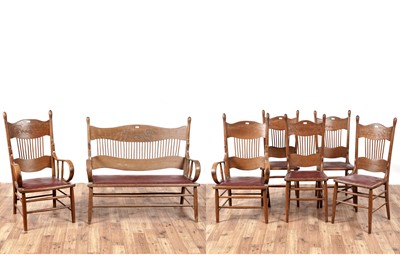 Lot 455 - A set of six American shaker style oak and bentwood dining chairs and a settee c.1900
