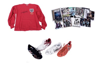 Lot 413 - An autographed ‘Score Draw’ Official Retro England 1966 shirt; and other items