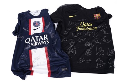 Lot 506 - Signed Barcelona and PSG shirts.