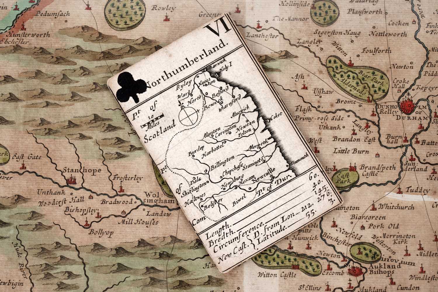 Lot 256 - A Robert Morden miniature map of Northumberland playing card
