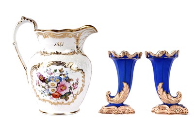 Lot 289 - An early Victorian jug; and a pair of Staffordshire cornucopias