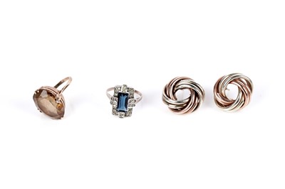 Lot 246 - Two rings; and a pair of gold earrings
