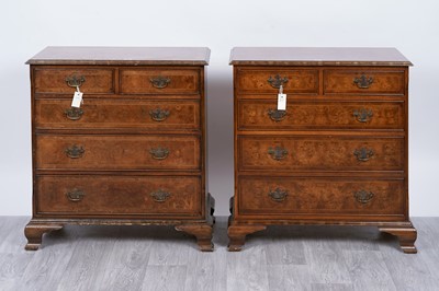 Lot 108 - A pair of 18th Century style inlaid burr walnut and walnut chests of drawers