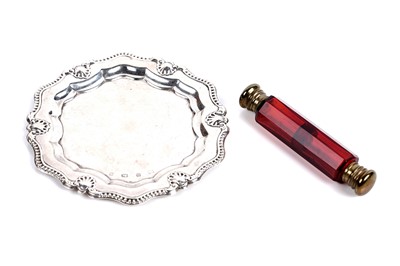 Lot 854 - A Victorian ruby glass scent bottle; and a silver pin dish