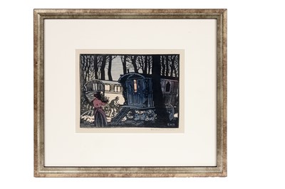 Lot 1033 - Eric Hesketh Hubbard – Romany Vardo caravan at dusk | woodcut