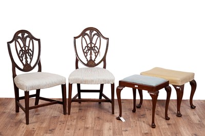 Lot 476 - A pair of George III Hepplewhite style chairs; and two Victorian mahogany stools