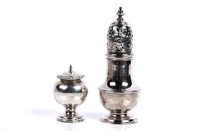 Lot 840 - A George III silver sugar caster; and an Edwardian silver pepperette