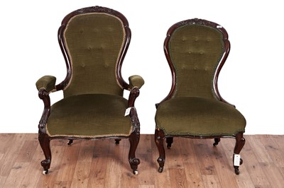 Lot 488 - A Victorian carved mahogany button back armchair; and an accompanying nursing chair