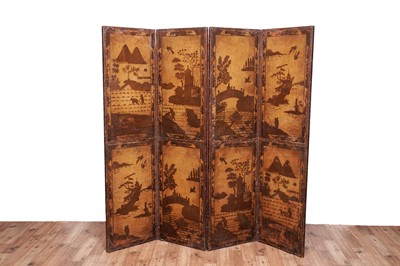Lot 493 - A late 19th/early 20th Century embossed leather chinoiserie decorated four-fold screen
