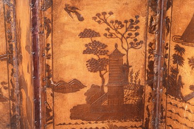 Lot 493 - A late 19th/early 20th Century embossed leather chinoiserie decorated four-fold screen