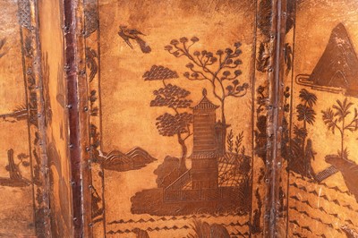 Lot 493 - A late 19th/early 20th Century embossed leather chinoiserie decorated four-fold screen