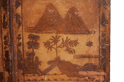 Lot 493 - A late 19th/early 20th Century embossed leather chinoiserie decorated four-fold screen