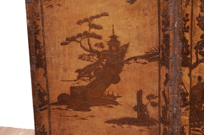 Lot 493 - A late 19th/early 20th Century embossed leather chinoiserie decorated four-fold screen