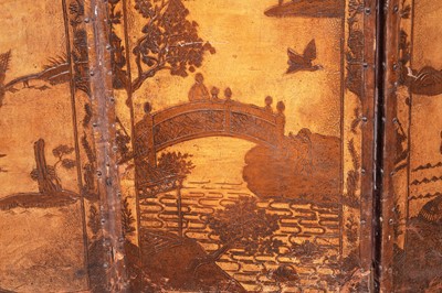 Lot 493 - A late 19th/early 20th Century embossed leather chinoiserie decorated four-fold screen