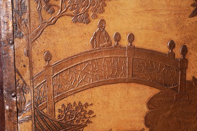 Lot 493 - A late 19th/early 20th Century embossed leather chinoiserie decorated four-fold screen