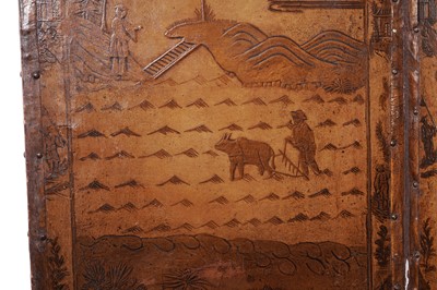Lot 493 - A late 19th/early 20th Century embossed leather chinoiserie decorated four-fold screen