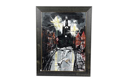 Lot 1079 - Antoni Sulek – Newcastle Cathedral at night | mixed media