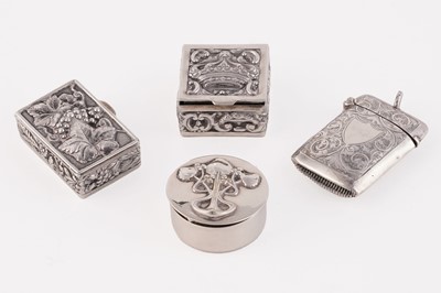 Lot 874 - A Victorian silver vesta case, and later pill boxes