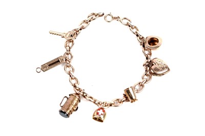 Lot 505 - A 9ct gold belcher-link charm bracelet and novelty charms